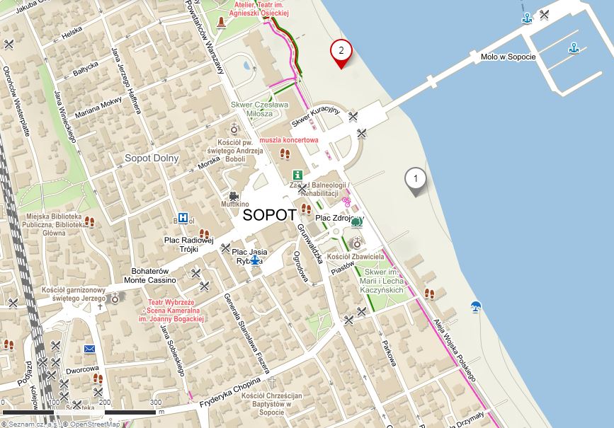 Mapa Sopot - Pláže u mola
